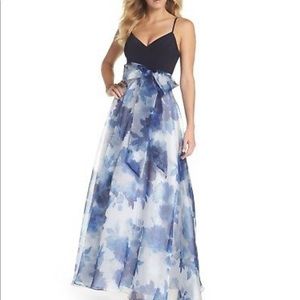 Eliza J Navy Floral Organza Gown